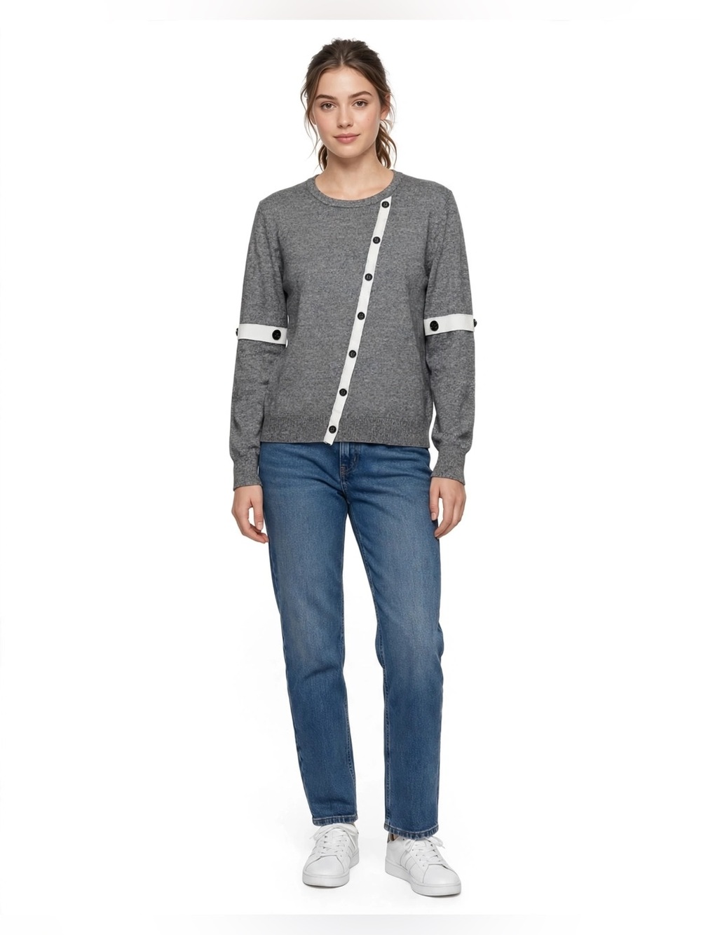 YAL NY Gray Knit Cardigan White Accent and Button Detail